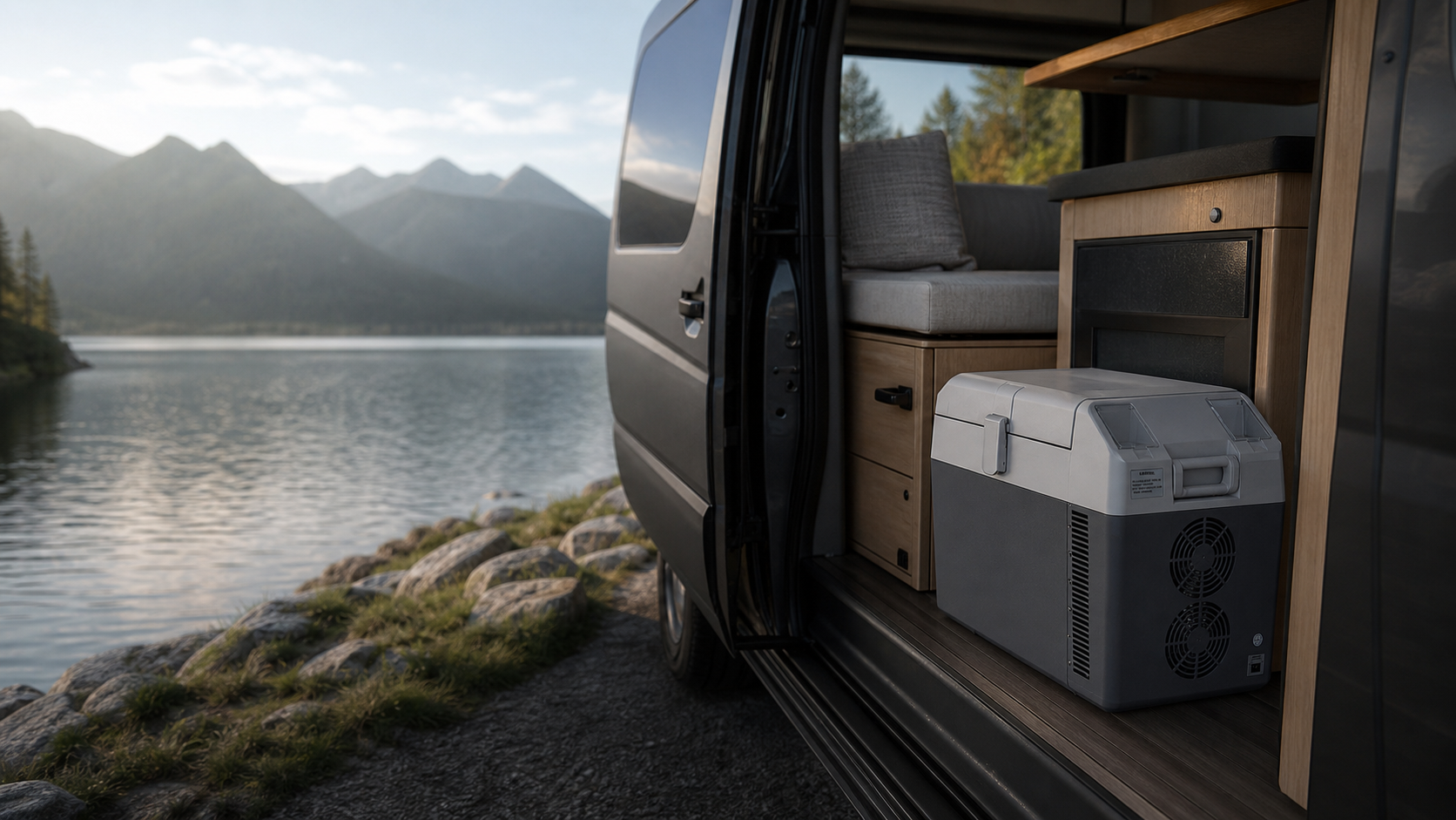 BR20 portable fridge beside a modern camper van