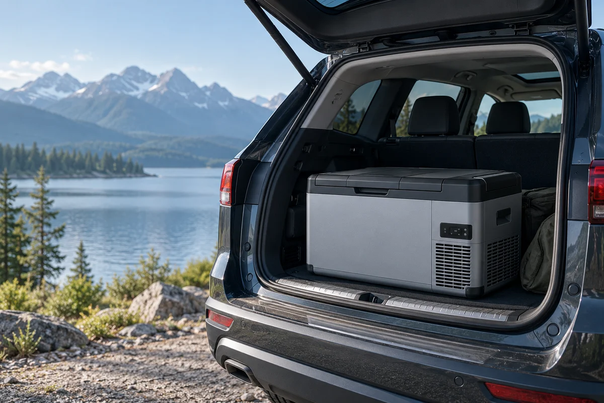 Portable car refrigerator in an SUV at a lakeside campsite