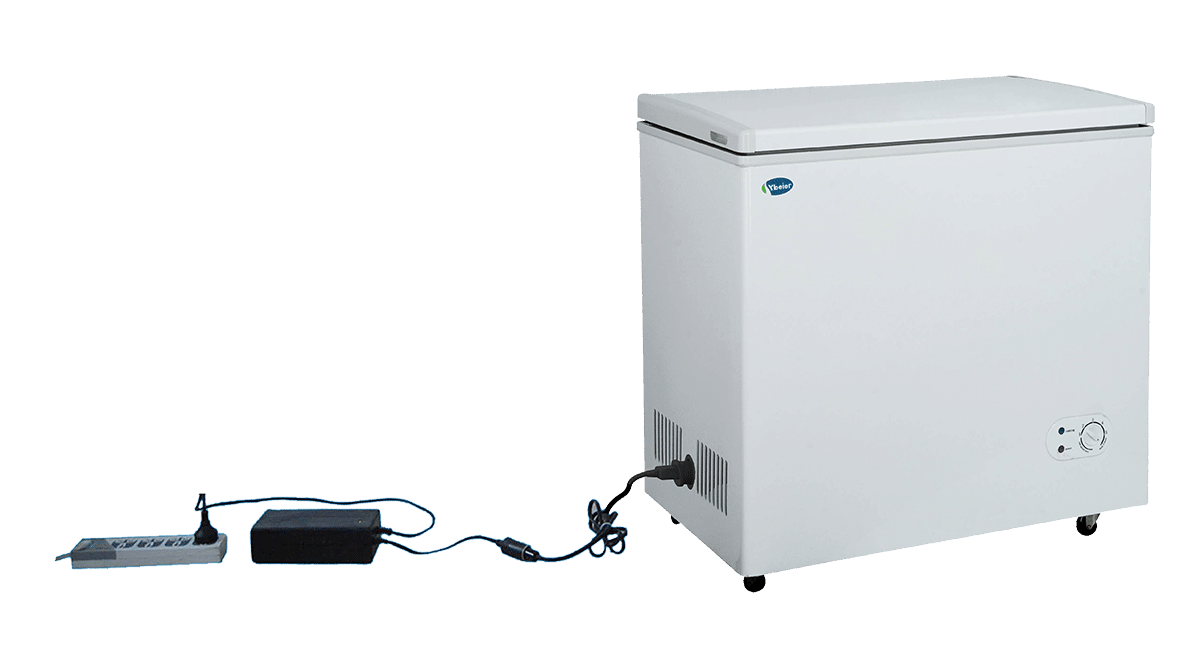 Solar freezer powered through AC DC adapter